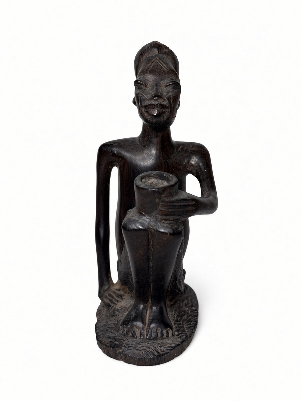 Hand Carved Dark Wood Seated Figure Holding Cup Statue